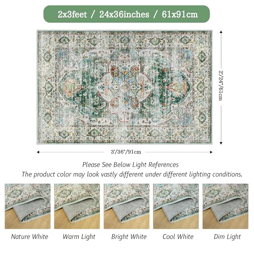 Madane Washable Area Rug 2x3, Small Entryway Rug Non-Slip Vintage Door Mat Indoor Entrance, Low Pile Floor Carpet for Inside Front Door Bedroom Kitchen Entry Laundry (2'x3', Green)