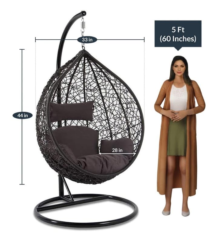 Image of Zenheaven Single Seater Swing Chair with Stand & Cushion Outdoor Indoor Balcony Garden Patio,Powder Coated Frame,UV Protected Wicker,Premium Cushion AD-40