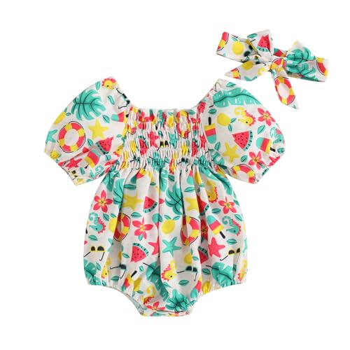 Image of Karwuiio Newborn Baby Girl Romper Daisy Short Sleeve Bodysuit with Headband Summer Clothes (Apricot, 6-9 Months)