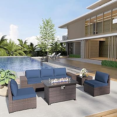 Kurapika 7 Pieces Patio Furniture Set, Rattan Wicker Outdoor Conversation Sets w/43in Propane Fire Pit Table and 4 Inch Cushion(Navy Blue)