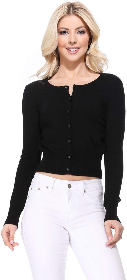 YEMAK Women's Cropped Cardigan Sweater – Long Sleeve Crewneck Basic Classic Casual Button Down Knit Soft Lightweight Top - Image 2