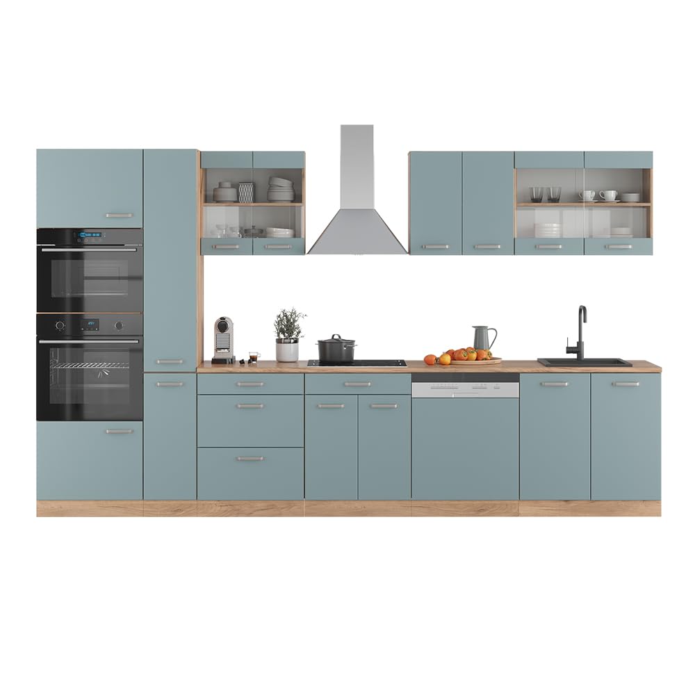 Vicco Cocina R-Line, Roble Azul-Gris-Dorado, 350 cm con Armario Alto, ET Antracita, Apto para ampliación Individual y disposición Flexible