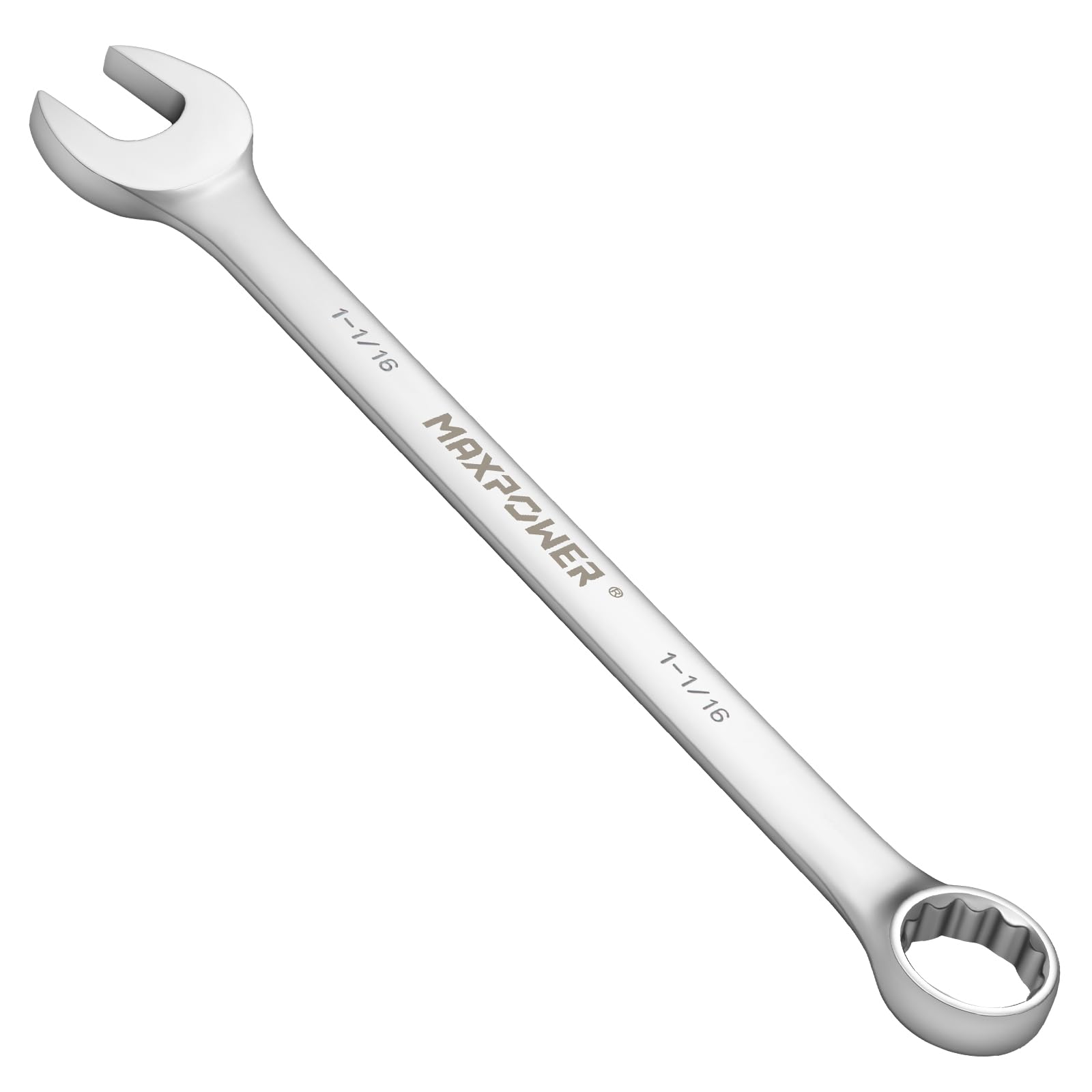 MAXPOWER 1-1/16" Combination Wrench, Industrial Grade – 12-Point Box End, Chrome Vanadium Steel, 15° Offset for Tight Spaces, SAE