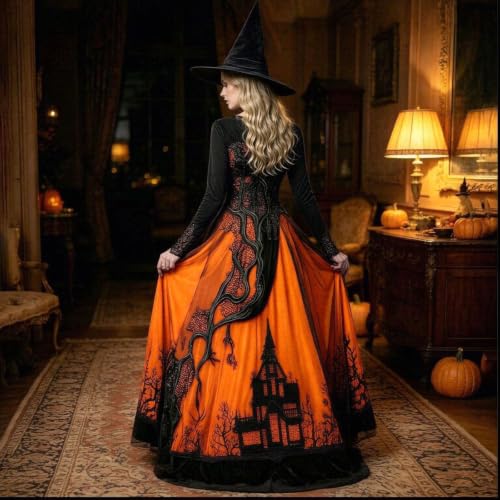 Halloween Costumes For Women Long Sleeve V Neck Sexy Witch Gothic Dresses - image 6