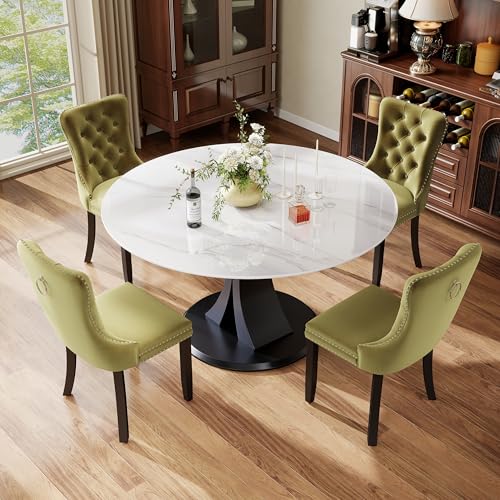 Image of 5-Piece Dining Table Set with 39In Faux Marble Table and 4 Velvet Upholstered Chairs, Modern Scandinavian Furniture for Dining Room Kitchen(Olive Green)