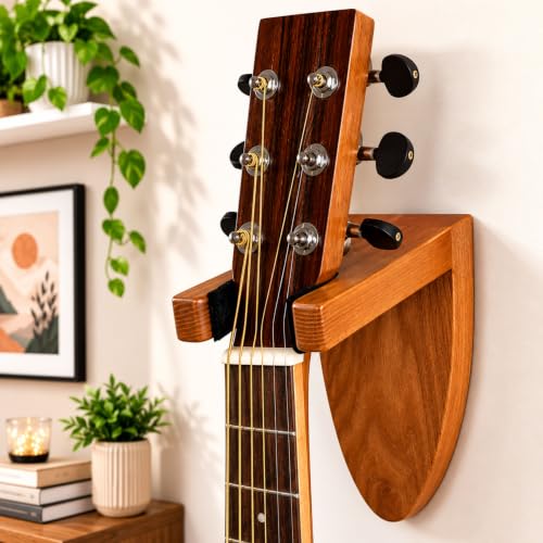 Image of Guitar Wall Mount Hanger Holder, Premium Wooden Guitar Hook with Soft EVA Padding, Wooden Guitar Wall Rack Stand for Acoustic, Electric, Bass, Classical Guitar, Ukulele with Hardware Kit Pack of 1