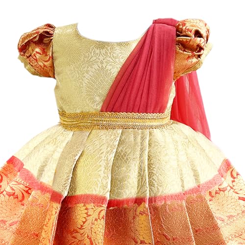 Image of Stanwells Kids Gold & Peach Banarasi Silk Saree Frock for Baby Girls - Traditional Ethnic Dress for Birthday (6 Months-7 Years)