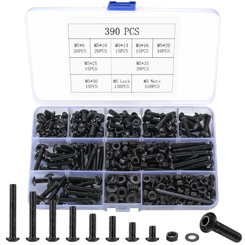 390 Stück M5 Schrauben Set, Innensechskantschrauben Muttern Set, Linsenkopf Sechskantschrauben mit Muttern und Unterlegscheiben Set, Gewindeschrauben Fahrrad Maschinenschrauben Sortiment Set