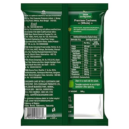 Image of Tata Sampann Pure Cashews Whole /Kaju, 500g, Nutritious & Delicious, Premium Kaju nuts, Rich in Protein, Magnesium & Phosphorus, Deluxe Size & Crunchy Nuts (Pack of 3)