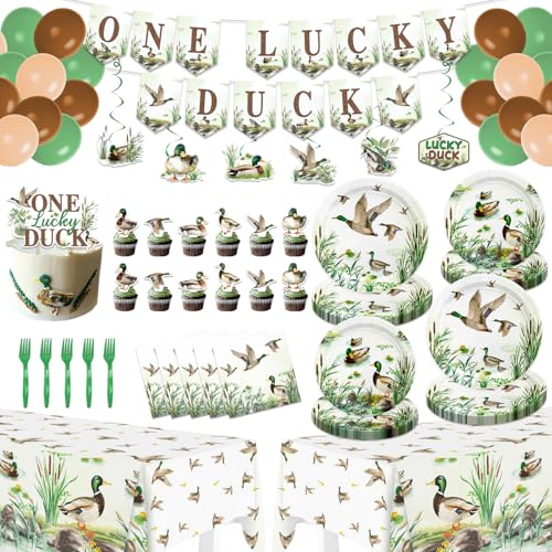 One Lucky Duck Birthday Decorations 120PCS Mallard Duck Baby Shower Decorations with Banner Hanging Swirls Balloons Tablecloths Plates Napkins Forks Cake Topper Cupcake Toppers