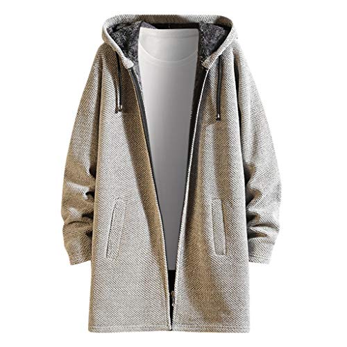 Men Coats Autumn Winter Plus Velvet Warm Zipper Solid Casual Loose Hoodie Jacket Gray