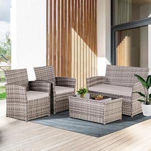 4 Piece Outdoor Patio Furniture Sets, Wicker Sectional Conversation Sofa Set, Rattan Table and Chairs and Loveseat with Cushions for Outside Balcony Porch Backyard (Gray-Gray)