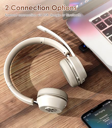 Image of Soothielec Wireless Headset, Bluetooth Headset with Noise Cancelling Microphone, Best Headphones with Mic Mute & USB Dongle for PC /Computer /Laptop /Cell Phones /Remote Work /Call Center (Beige)
