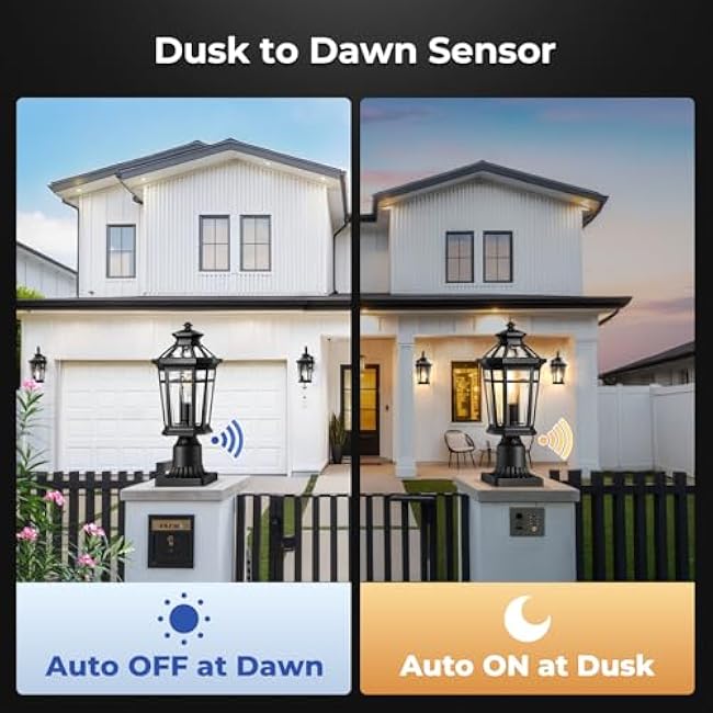 Outdoor Post Lights Hard Wired, 7¡Á17inch Dusk to Dawn Lamp Posts Outdoor Lighting, Black Modern Exterior Lamp Post Light Fixture with Pier Mount Base, Outdoor Pole Lights for Porch, Garden