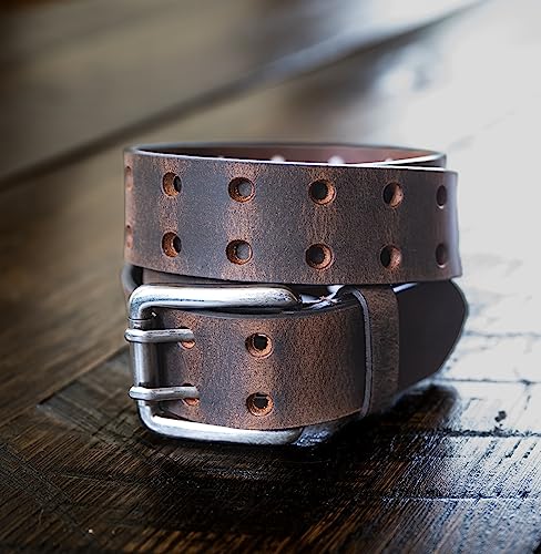 Full Grain Heavy Duty Buffalo Leather Double Prong 1.5 Inch WIde Belt - Crazy Horse Brown3