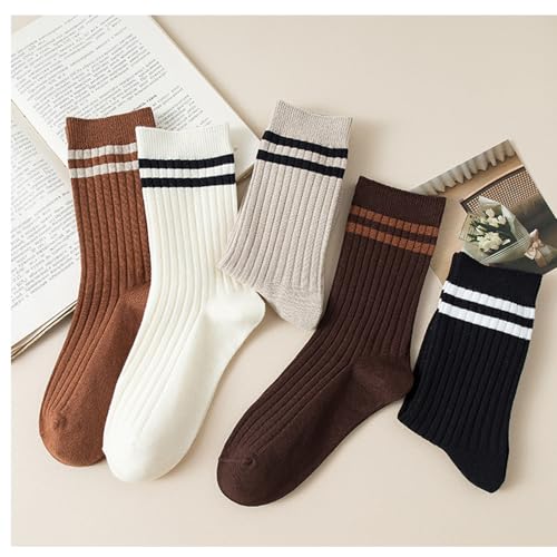 Image of Deeorla Womens Striped Crew Socks Brown Vintage Retro Athletic Socks 5 Pairs