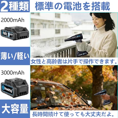 ブロワー 洗車 残量表示・LED照明付き【ブラシレスモーター&超軽量455g】無段階変速 金属メッシュカバー 合金ブレード15枚 最強 ブロワー 强力 ノズル2種付き PSE認証済み バッテリー2個 3000mAh&2000mAh マキタ電池互換 1980g超強推力 115m/s大風速 充電式 小型 ブロアー 低騒音 庭掃除/落ち葉/洗車/キーボード/パソコン/エアコン/網戸/除雪/バーベキュー 5枚目