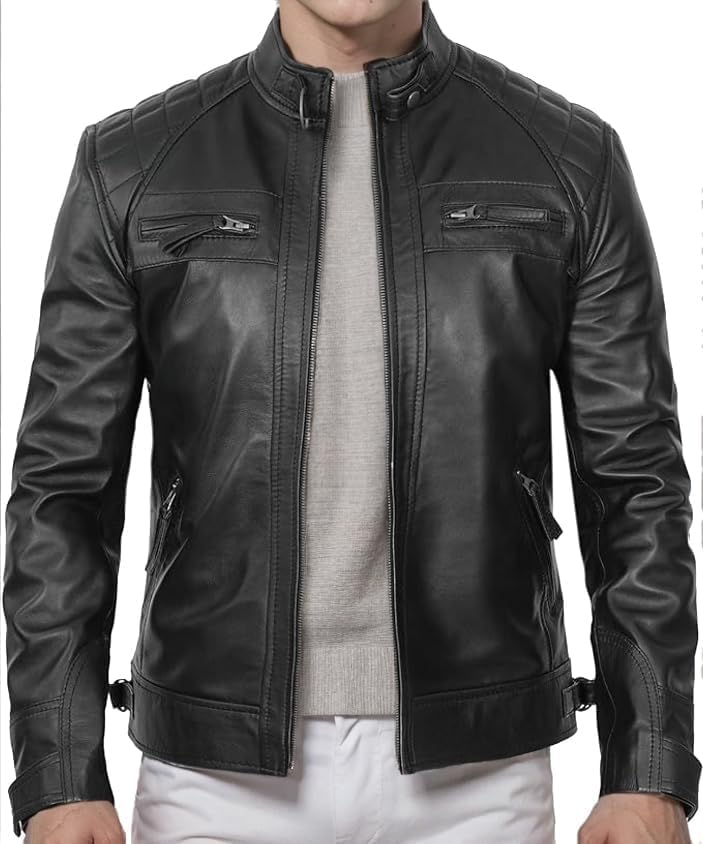 DECIMAL Men's Black Genuine Lambskin Leather Biker Jacket VINTAGE REAL MOTORCYCLE JACKETS FOR MEN - Image 2