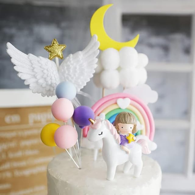 Unicorn Cake Topper, Birthday Cake Decoration, 15 Pcs Including 1 Unicorn Girl Image, 8 White Paper Clouds, 5 Balloons, 1 Rainbow for Girl Kid Women Birthday Party