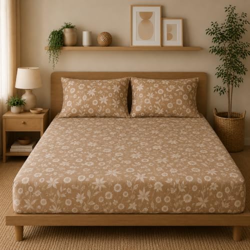 Image of Linen Home Cotton Percale Fitted Bedsheet Set Double Size Light Brown