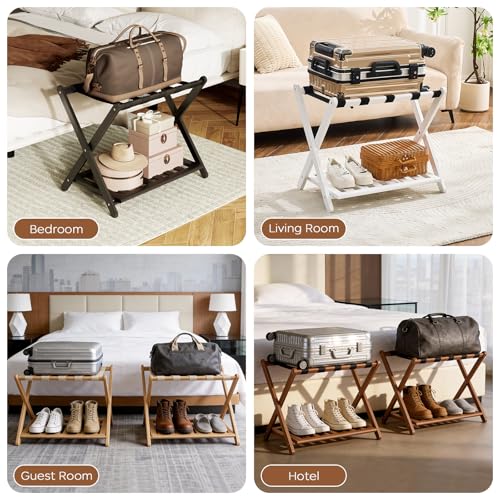 oakvivo Fully Assembled Black Luggage Rack for Guest Room, Bamboo Foldable Suitcase Stand with 5 Nylon Straps, Upgraded Luggage Rack Holder with Shelf for Bedroom Hotel, Holds up to 165 Lbs, 1pcs by oakvivo - Image 7
