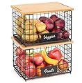 2 Pack Stackable Wire Baskets with Bamboo Top for Pantry Organizers and Storage, XXL Kitchen Organization Counter Basket for Fruit, Vegetable, Produce, Bread, Potato and Onion Storage Bins