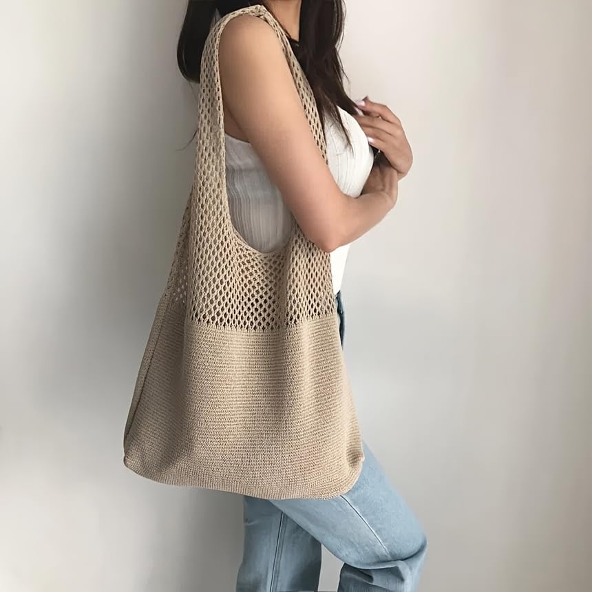 Bolso tote tejido a crochet en malla beige para mujer, estilo bohemio, para playa miniatura 1
