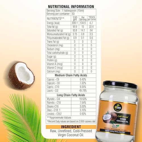 Image of DiSano Cold Pressed Virgin Coconut Oil Bottle, Glass Bottle, 500ml (Pack of 2)