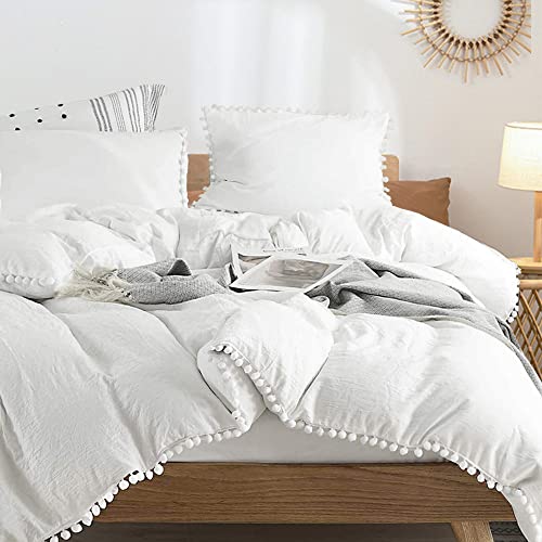 Etdiffe White Duvet Cover Queen Size, 3 Piece Boho Bohemian Pom Fringe Microfiber Bedding Comforter Cover Set, Soft And Lightweight (90X90) #TOP1