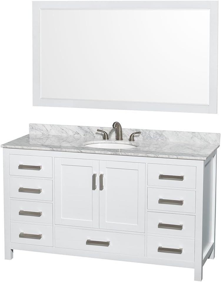 Wyndham Collection Sheffield 60 inch Single Bathroom Vanity in White, White Carrara Marble Countertop, Undermount Oval Sink, and 58 inch Mirror