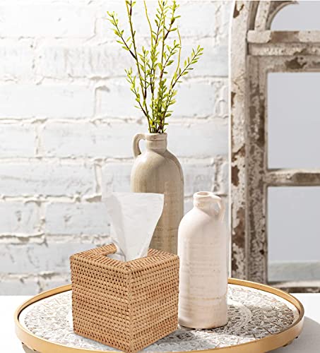 Livelab Rattan Tissue Box Cover, Square Hand Woven Natural Wicker Tissue Box Holder + Rattan Tray, Hand Woven Tray Round Basket Tray With Cut - Out Handles, Fruit/Bread Serving Round Wicker Tray #TOP3