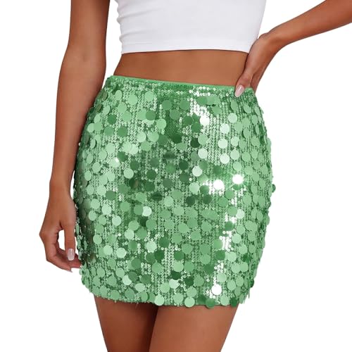 WERFORU Glitzer Rock für Damen Pailletten Rock Grün Elastische Taille Sexy Minirock für Party Karneval & Musikfestival
