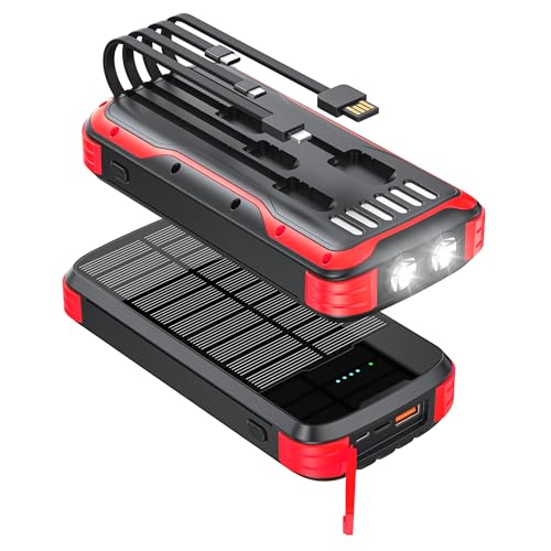 MINRISE Solar-Power-Bank-Charger, 40000mAh Portable Phone Charger Built in 4 Cables with USB C in/Output, PD 20W Fast Charging Portable Charger, External Battery Pack with Dual Bright Flashlights