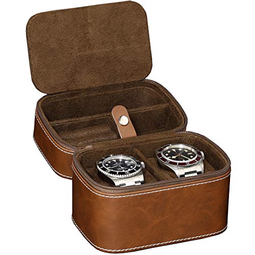 Rothwell Gift Set 10 Slot Leather Watch Box & Matching 2 Watch Travel Case - Luxury Watch Case Display Organizer, Locking Mens Jewelry Watches Holder, Men's Storage Boxes Glass Top Tan/Brown #TOP7