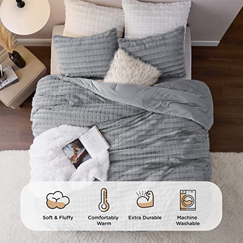 Image of Bedsure Fluffy Comforter Set Twin - Ultra Soft Faux Fur Comforter, Grey Comforter Set Twin Size, Winter Warm Fuzzy Bedding Set, Luxury Plush Bed Set 2pcs (1 Shaggy Comforter + 1 Pillowcase)