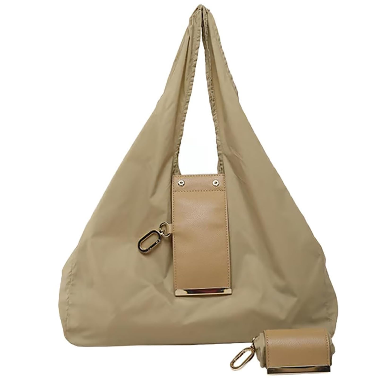 Keychain Tote Bag,Foldable Tote Bag,Expandable Leather Mini Bags with Key Ring, Compact Foldable Shopping Totes, Portable Reusable Handbag for Travel, Daily Errands (Khaki)