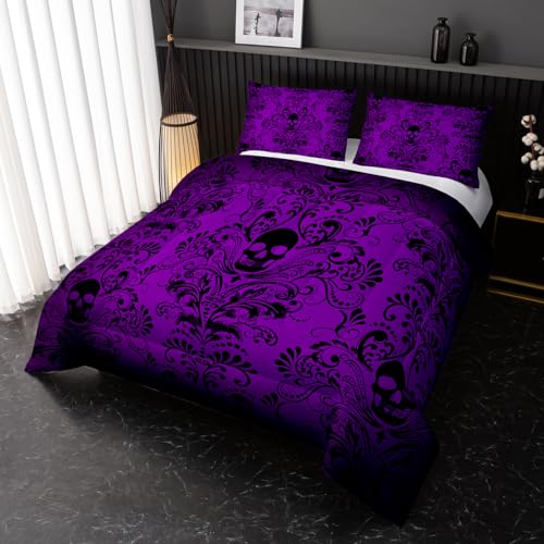 Nttopship Adults Violet Gothic Comforter Set King Size,Vintage Damask Floral Bedding Set 3Pcs,Bohemia Bedding Set Goth Skull Printed Quilted Set for Teens Adult with 1 Comforter and 2 Pillowcase by Nttopship - Used condition - Image 4