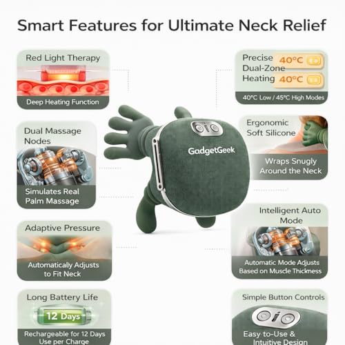 Image of Neck Massager for Pain Relief with Heat & Red Light Therapy | Enjoy soothing cervical pain relief with the GadgetGeek electric neck massager featuring heat and red light therapy.