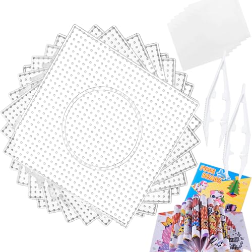 12 Placas cuadradas transparentes Juego de Cuentas Beads - 14.5 x 14.5 cm 2 Pinzas,Papel de Planchado, Libro Hama 90 patrones Transparente placa interconectable