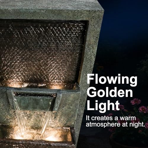 Image of Naturefalls 39.3 inch Tall 4-Tier Outdoor Water Fountain with LED Lights - Gray Resin Indoor /Outdoor Waterfall Fountain for Garden Patio Deck Backyard Home Decor