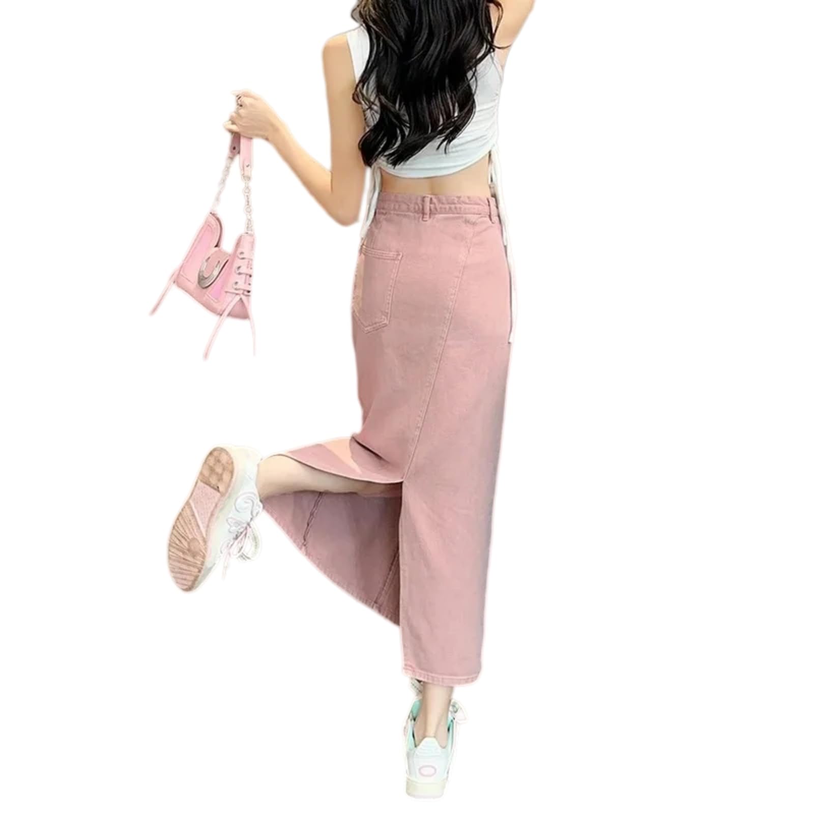 Minigonna Alta Vita Rosa Denim Maxi Gonna per Le Donne Lunga di Cotone con Fessura Retro Chic Casual Estate Streetwear Moda-Pink-XXL