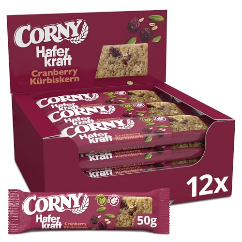 Haferriegel | Corny Haferkraft Cranberry-Kürbiskern | Veganer Vollkorn Müsliriegel mit Cranberrys und Kürbiskern | Energiereicher Snack für unterwegs | Großverpackung 12x50g