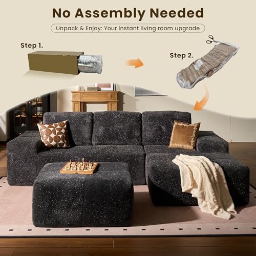 Image of 114 inch Glitter Cloud Sectional Couch with L-Shape Chaise & Ottoman, Modern Boneless Couches for Living Room, Fluffy Tufted Deep Seat Modular Sofa No Assembly (Gray Sparkly Velvet,Right Facing)