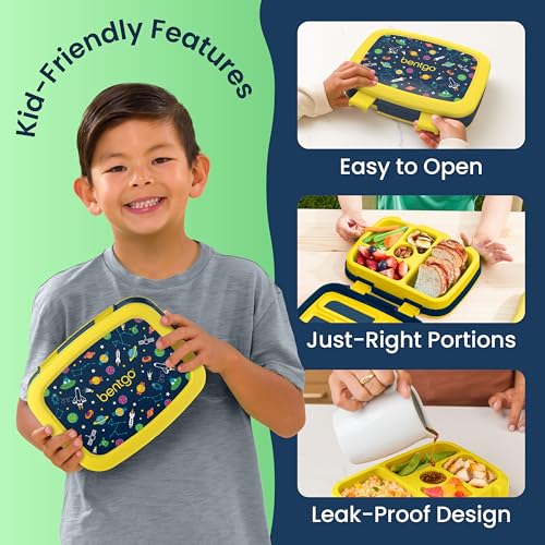 Image of Bentgo Kids Prints Leak-Proof, 5-Compartment Bento-Style Kids Lunch Box - Ideal Portion Sizes for Ages 3-7, Durable, Drop-Proof, Dishwasher Safe, & PFAS & BPA-Free Materials (Space)