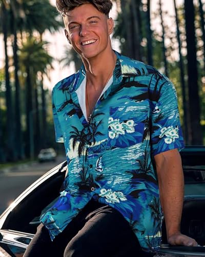 Image of Men Hawaiian Shirt Short Sleeve Summer Beach Button Down Shirts with Pocket