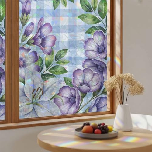 Película decorativa para ventanas con flores púrpura y blanco 17.7x39.3 pulgadas miniatura 1