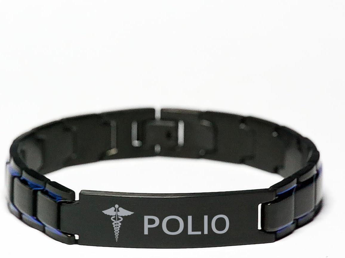 Medical Blue Black Metal Bracelet, Polio Awareness, Medical Symbol, SOS Emergency Health Life Alert ID Engraved Stainless Steel Silver Jewelry Adjustable Bracelet for Men Women