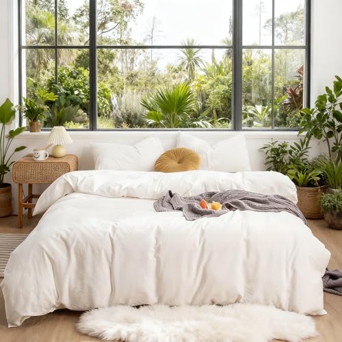 DONEUS Juego de funda de edredón de 100 % algodón lavado, tamaño King, juego de funda de edredón blanco con textura similar al lino, cómodo juego de ropa de cama de 3 piezas, suave y transpirable con