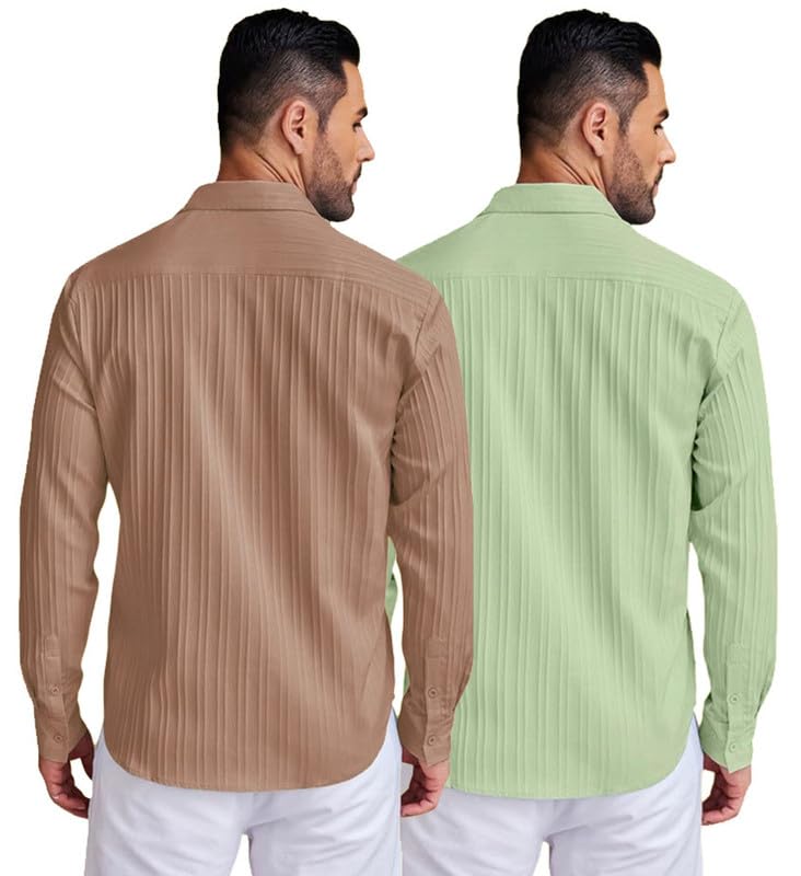Image of DEELMO Combo of Men's Casual Button Down Shirts Long Sleeve Linen Shirt Fashion Textured Summer Shirts Pack of 2