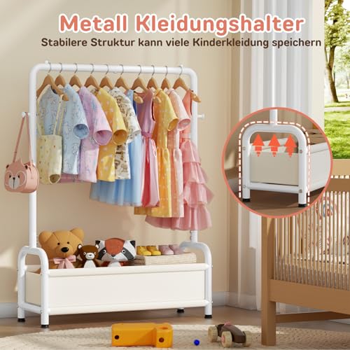 ZHKINGGS Kinder Garderobe Kleiderständer 80×30×125cm, Kinder Kleiderständer mit 2 Haken + Aufbewahrungskorb, U-förmiges Basisdesign, Kindergarderobe für Kinderzimmer